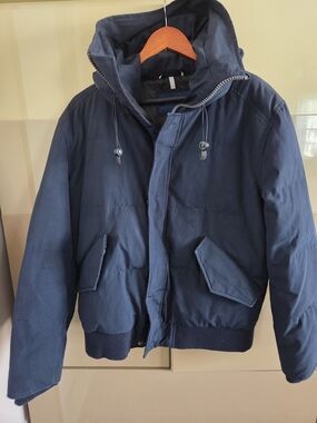 Cole Haan Men's Navy Blue Down Puffer Bomber Jacket Hooded Size M